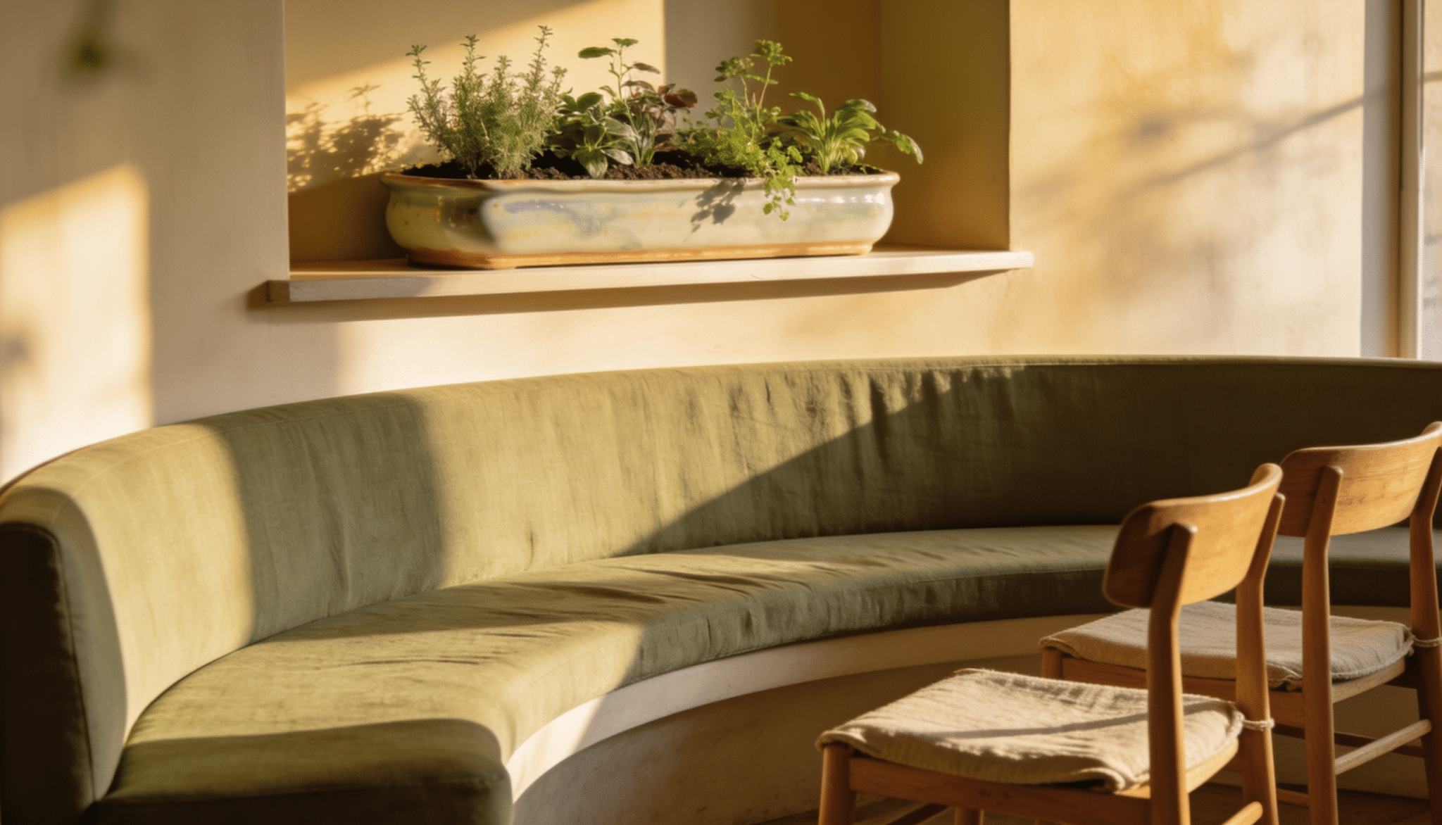 cozy breakfast nook extension with curved banquette seating, warm natural light, wooden chairs, and built-in planter shelf