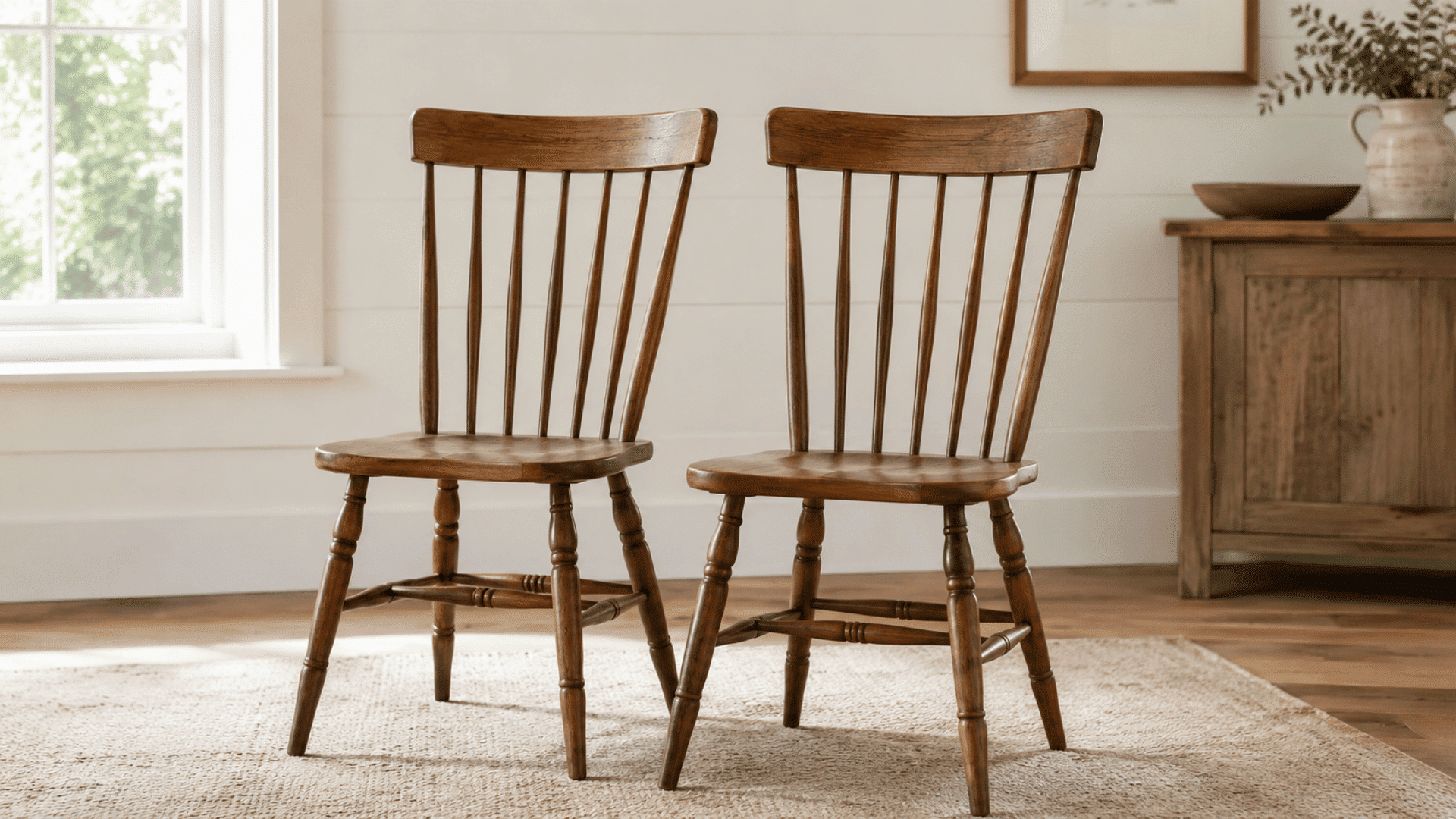 cozy farmhouse dining nook with two cross back wooden chairs in an indoor setting with woolen rug beneath in a farmhouse decor style