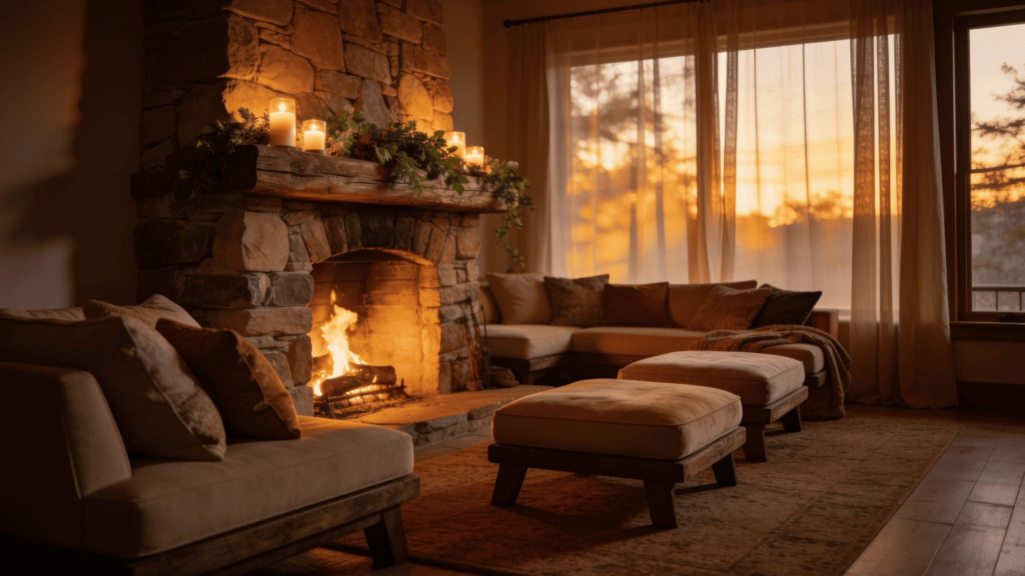 cozy living room with glowing stone fireplace rustic mantel and warm amber light in the evening