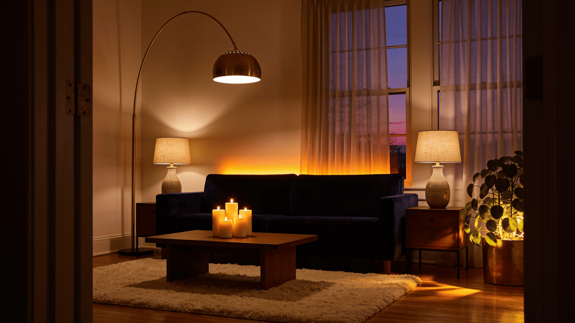 cozy living room with layered ambient lighting table lamps floor lamp and golden led glow at dusk