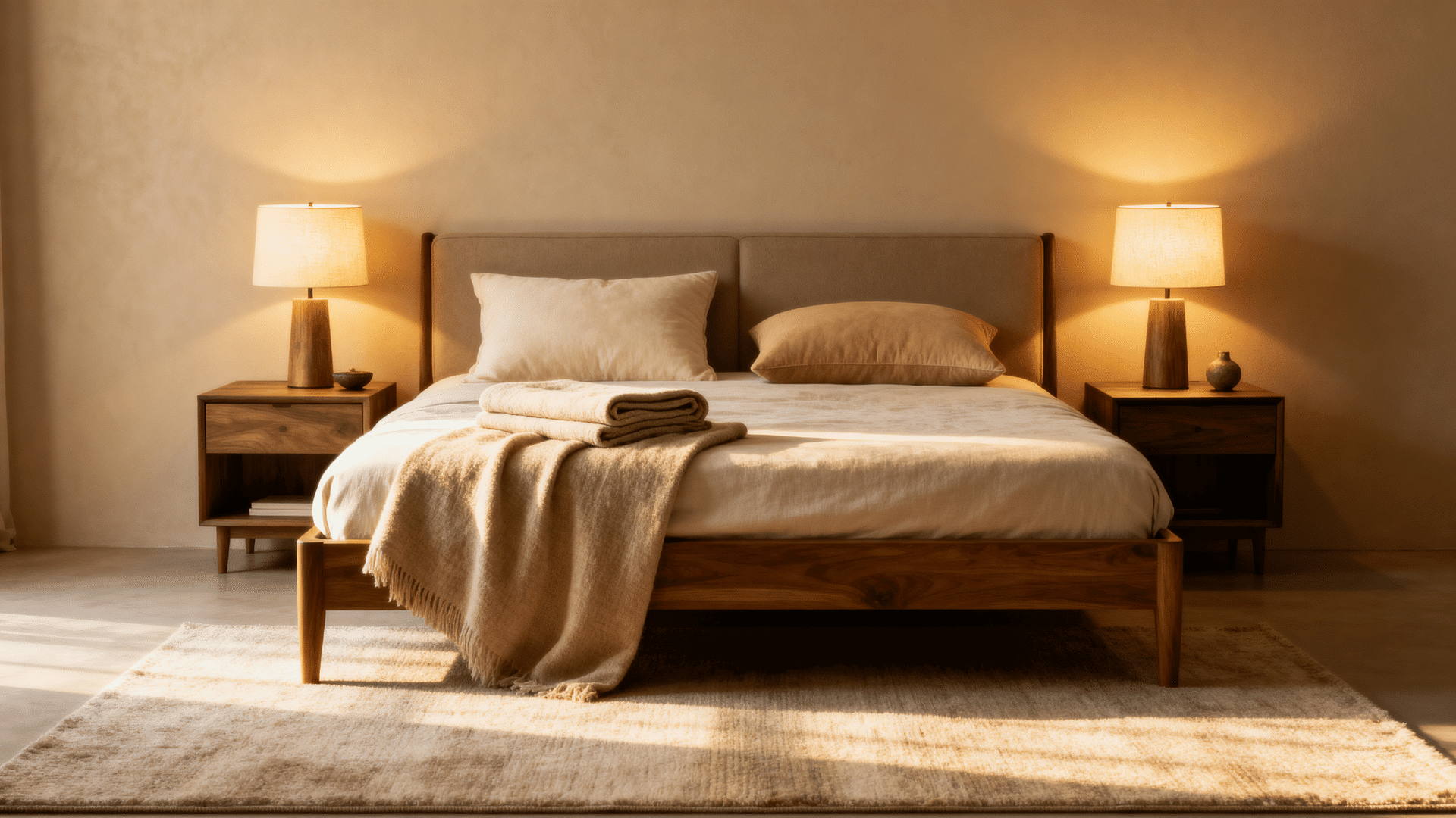 cozy neutral bedroom with a neatly made bed, wooden nightstands, warm lamps, and soft morning light