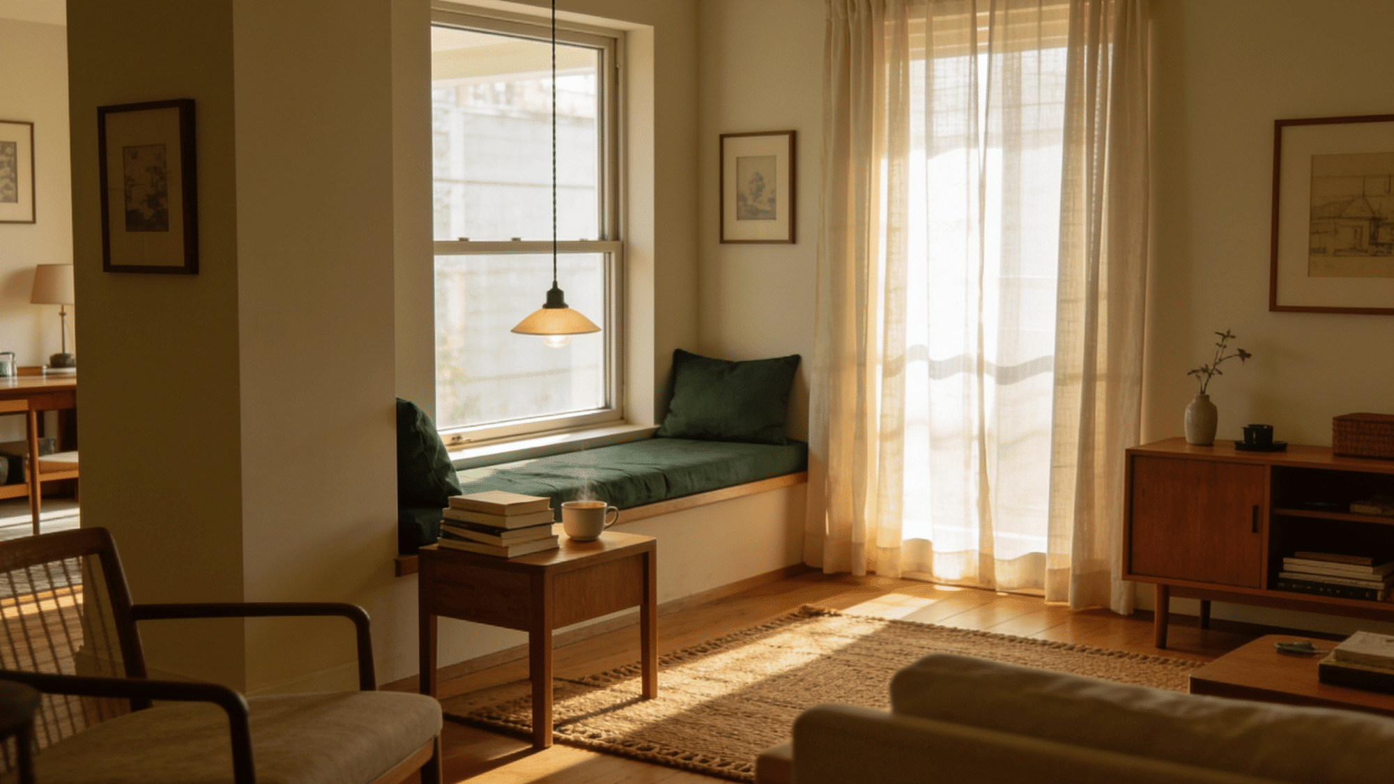 cozy reading nook with green cushioned window seat pendant light and stack of books beside tea