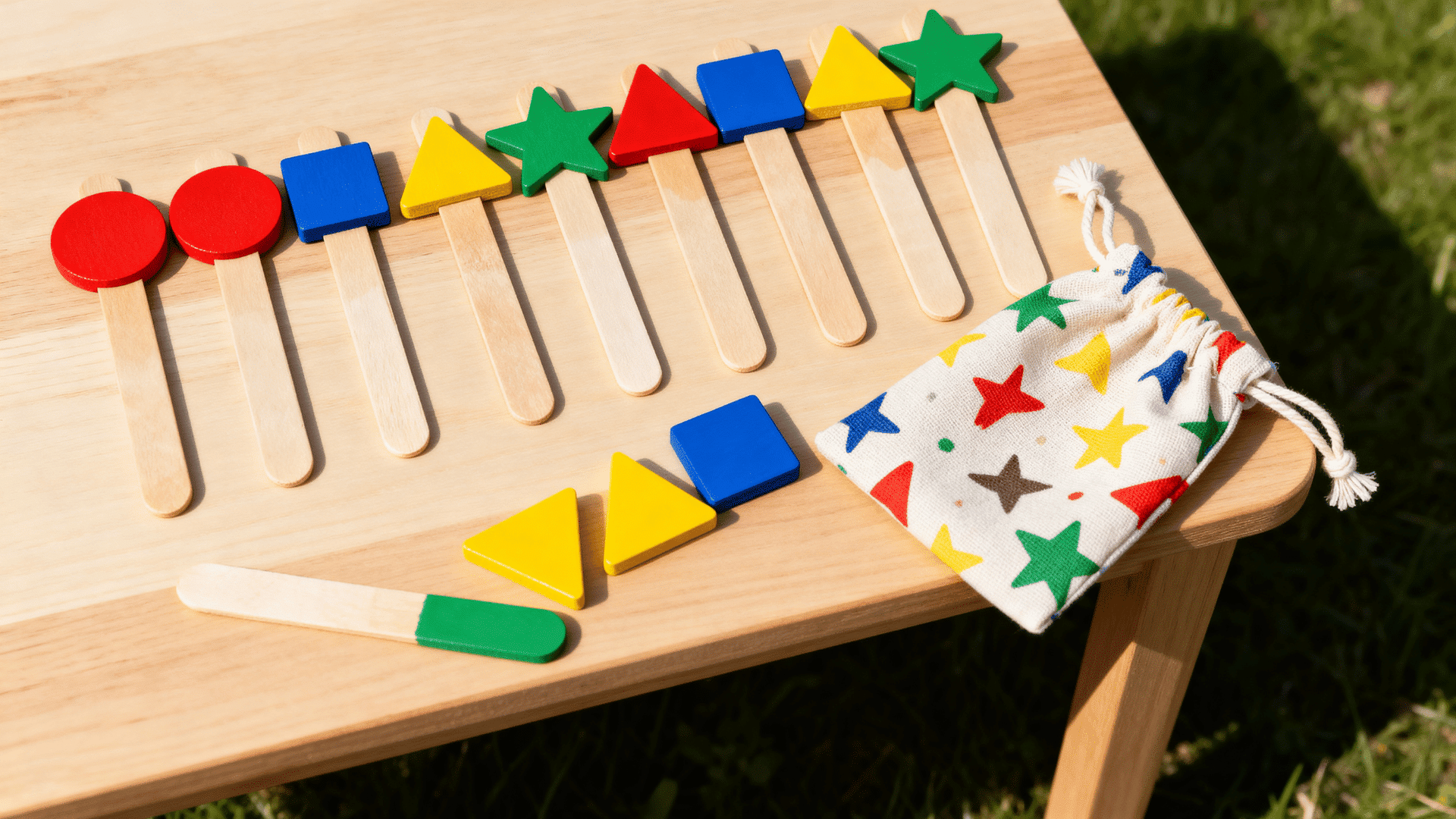 craft stick memory game with colorful matching shapes on a table