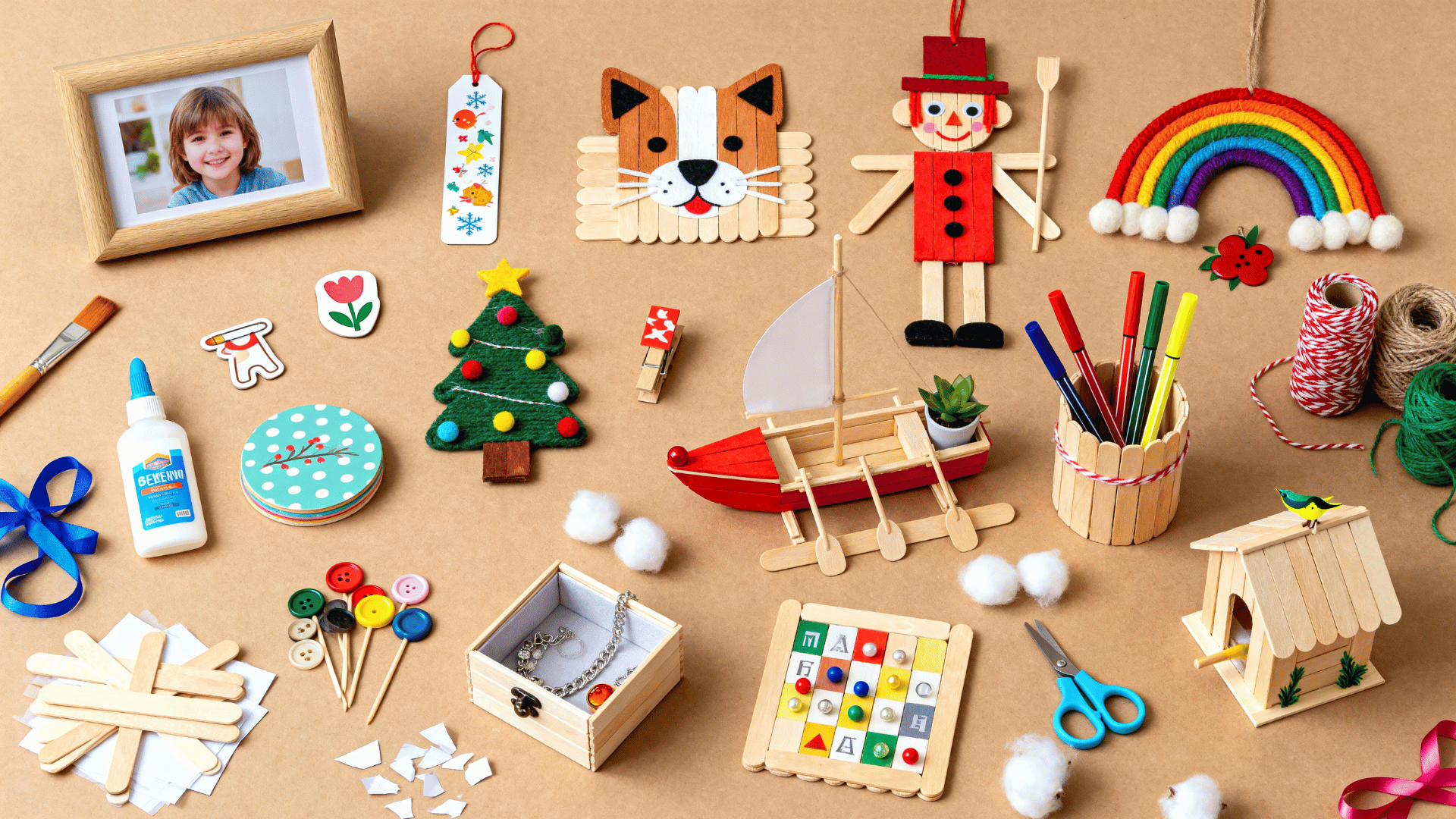 crafts with popsicle sticks arranged on a colorful diy craft table