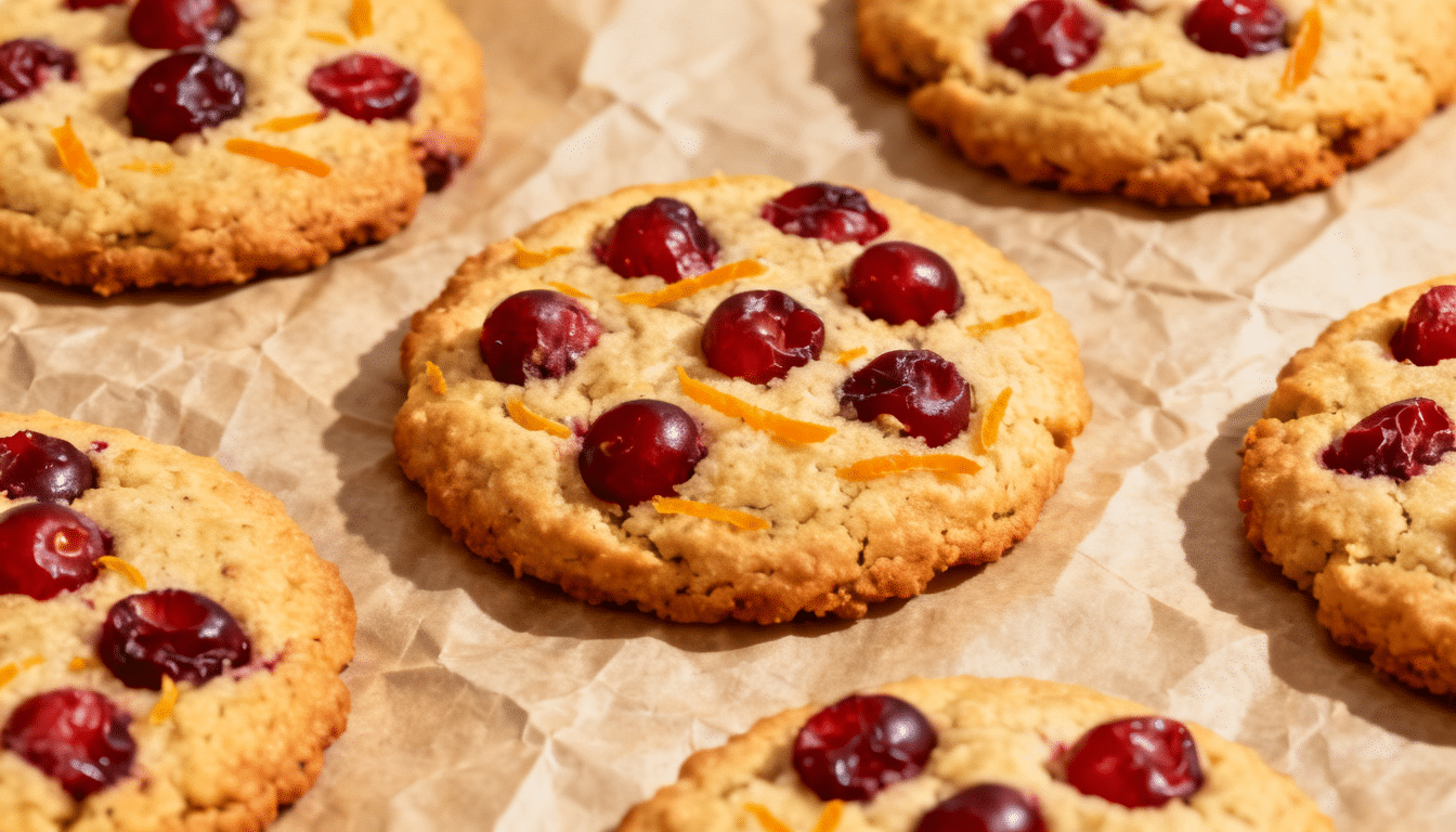 cranberry orange coconut flour cookies topped with cranberries and orange zest on parchment paper with a golden baked finish