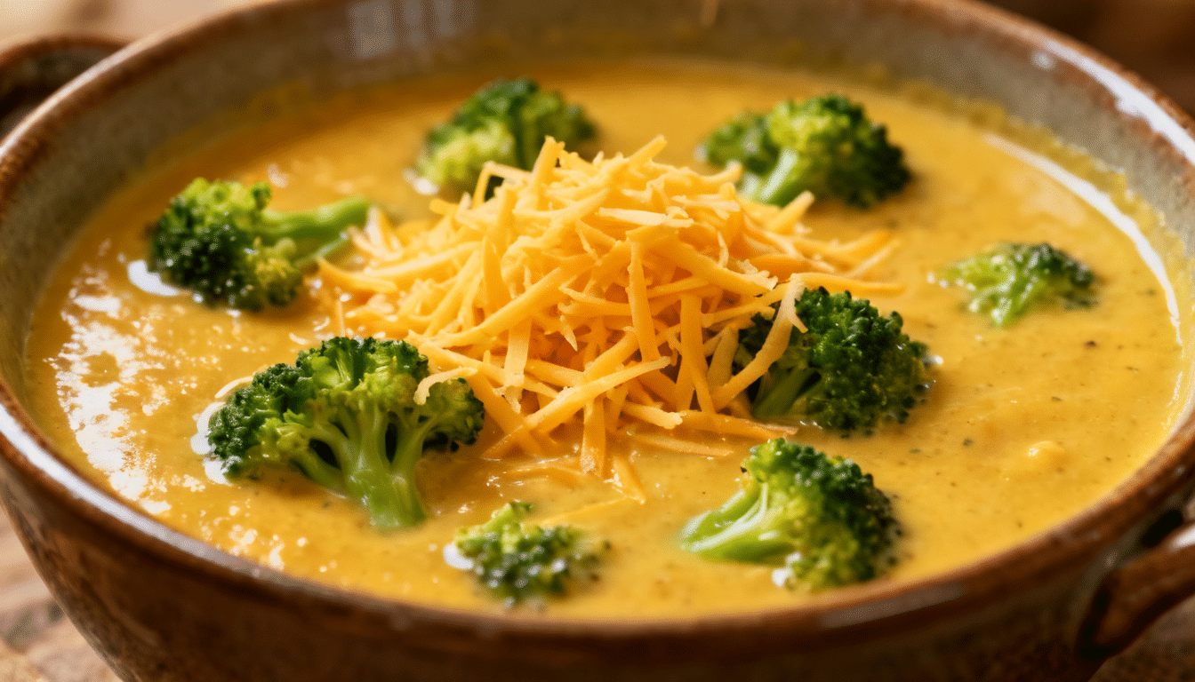 creamy broccoli cheddar soup topped with shredded cheddar cheese and fresh broccoli florets in a rustic bowl with rich texture