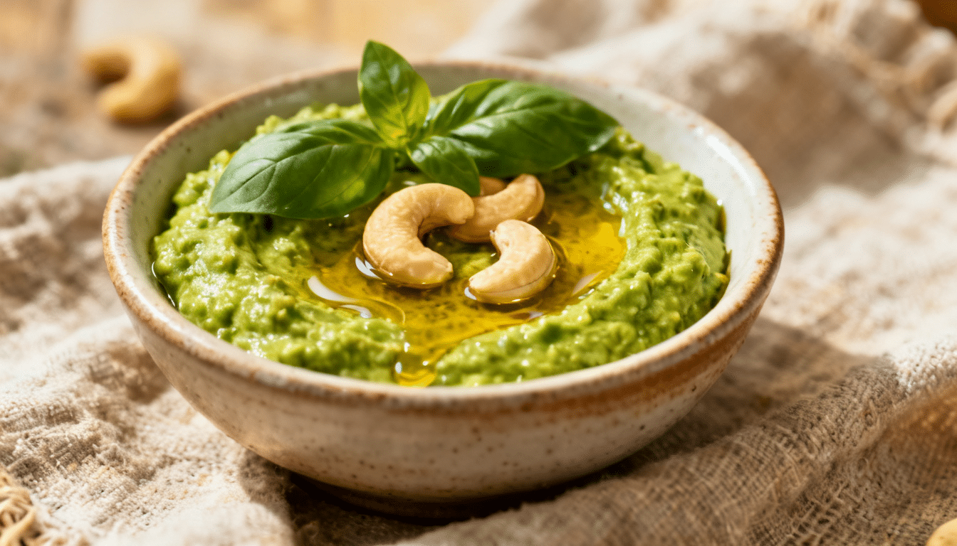 creamy cashew pesto in ceramic bowl topped with basil leaves, cashews, and olive oil drizzle on linen cloth background
