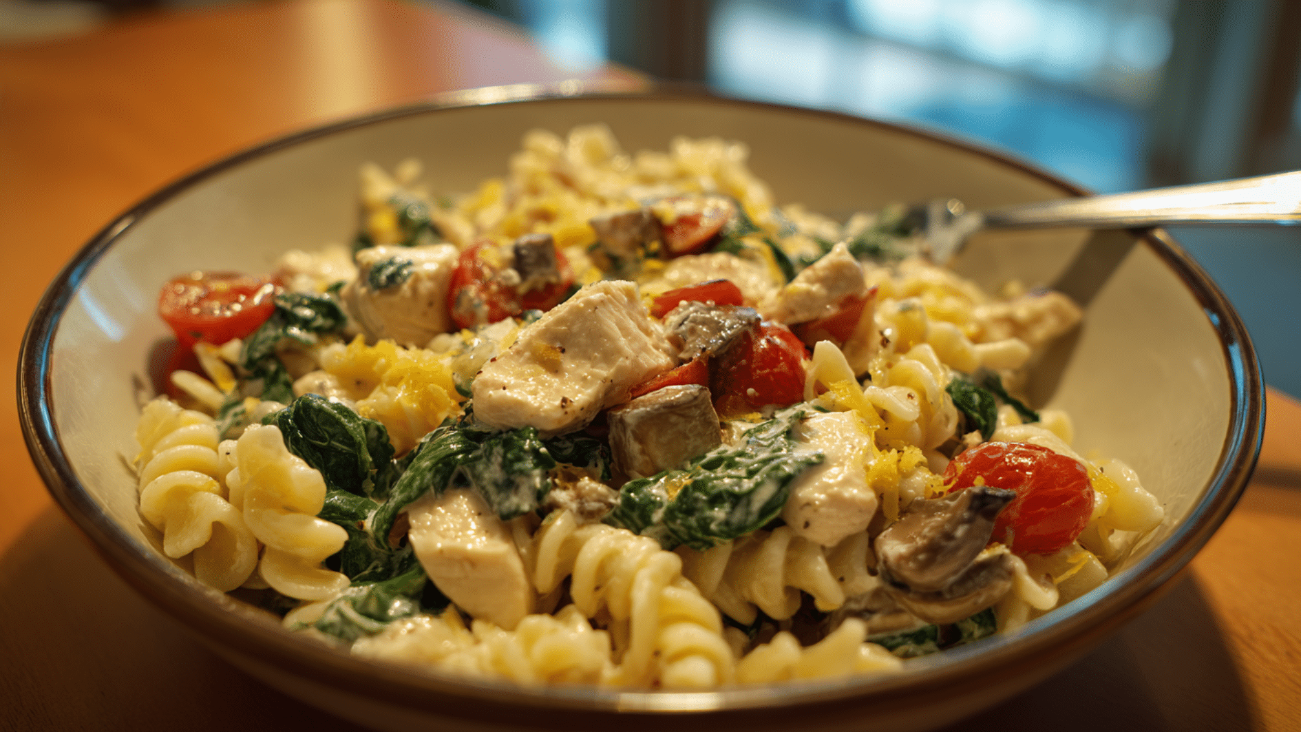 creamy chicken pasta with spinach, mushrooms, and cherry tomatoes served in a bowl with a rich parmesan sauce.