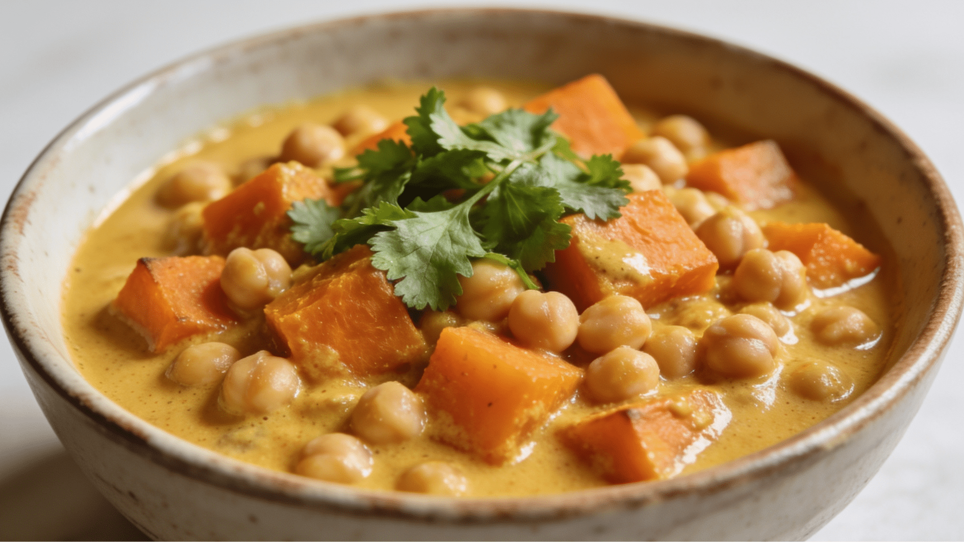 creamy chickpea and sweet potato curry with golden coconut sauce coriander garnish and tender vegetables