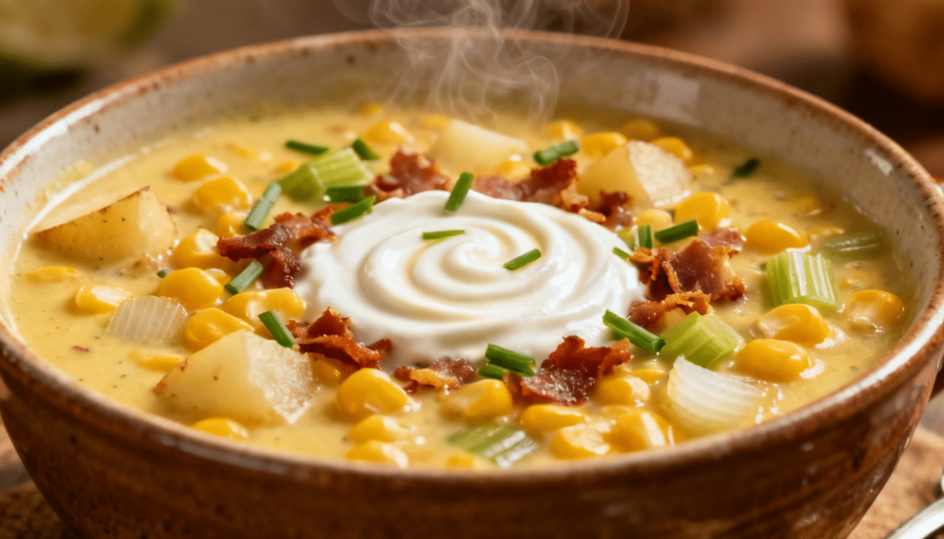 creamy corn chowder topped with sour cream, bacon, chives, potatoes, celery, and sweet corn in a steaming rustic bowl
