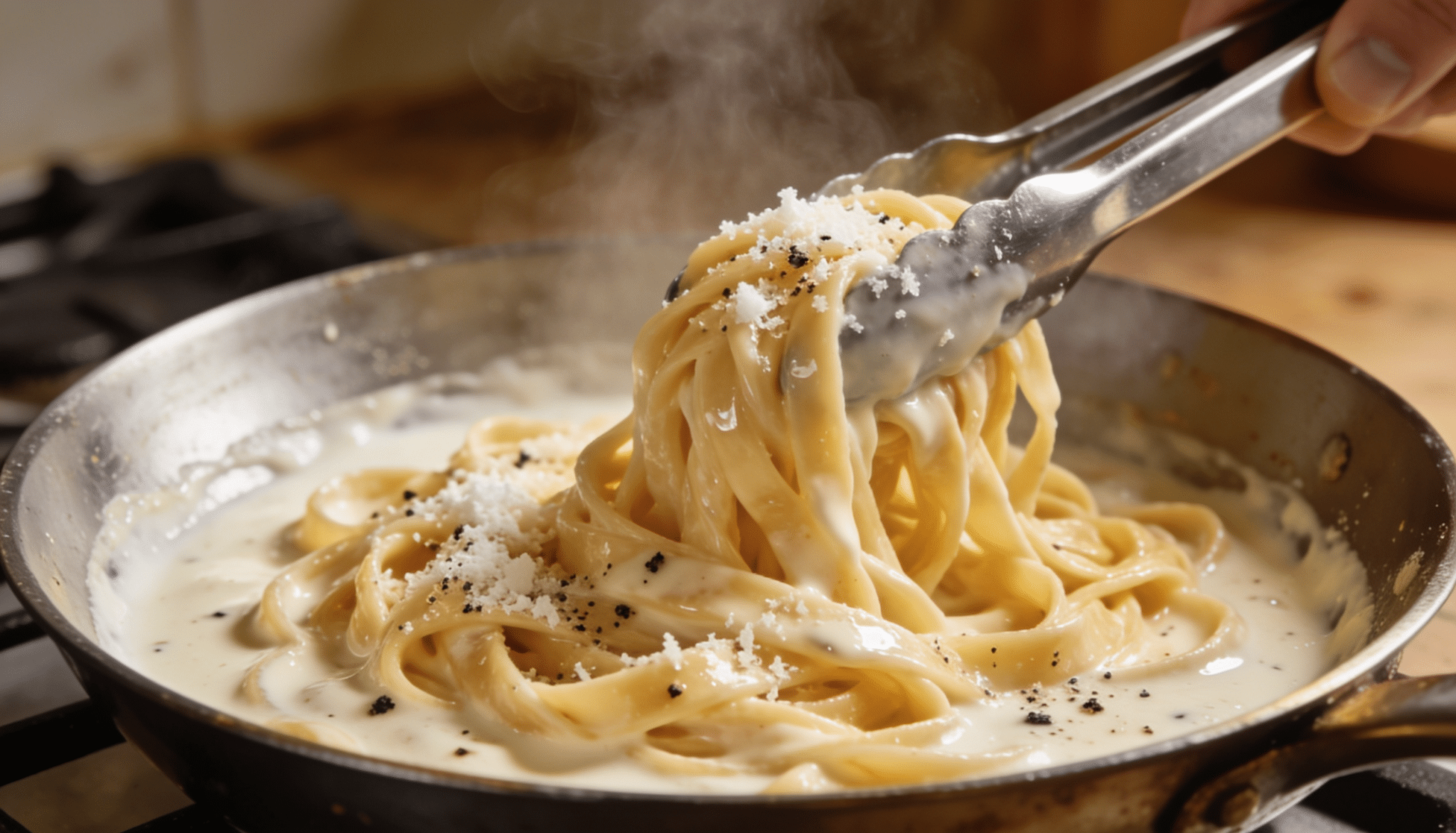 creamy fettuccine alfredo being tossed in a skillet and coated in rich sauce with parmesan cheese and black pepper on top