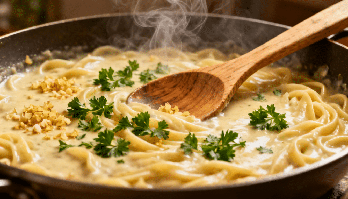 creamy garlic alfredo pasta simmering in a skillet with parsley garnish and toasted garlic pieces stirred into the sauce while steam rises above it