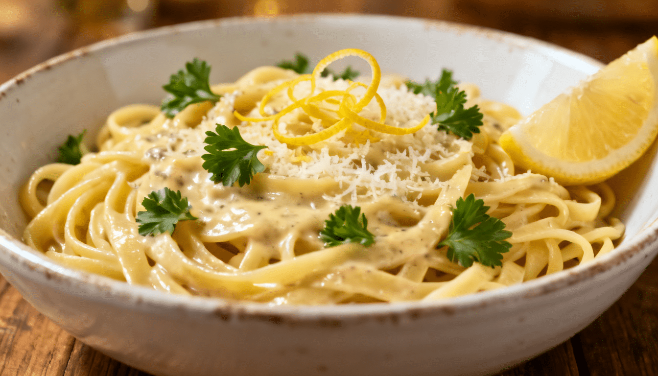 creamy lemon parmesan pasta topped with grated parmesan, fresh parsley, lemon zest, and a lemon wedge in a rustic bowl