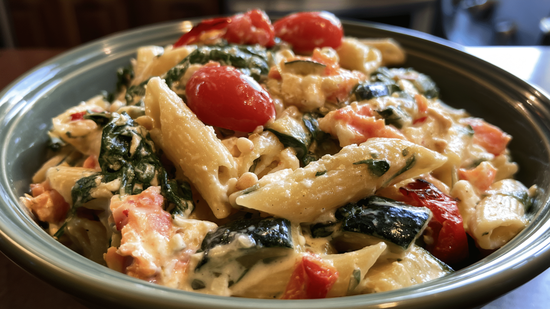 creamy penne pasta with spinach, zucchini, cherry tomatoes, and cheese sauce served in a bowl for a hearty meal.