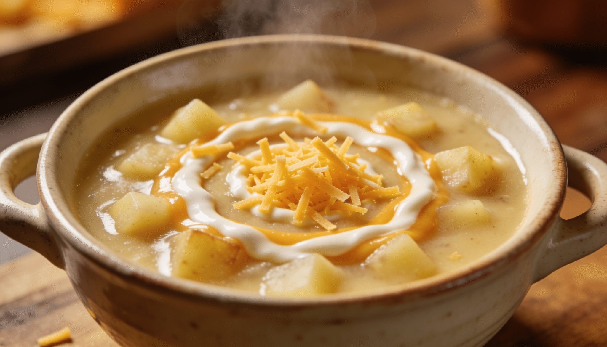 creamy potato soup topped with shredded cheese and sour cream, served in a rustic bowl with tender potato chunks
