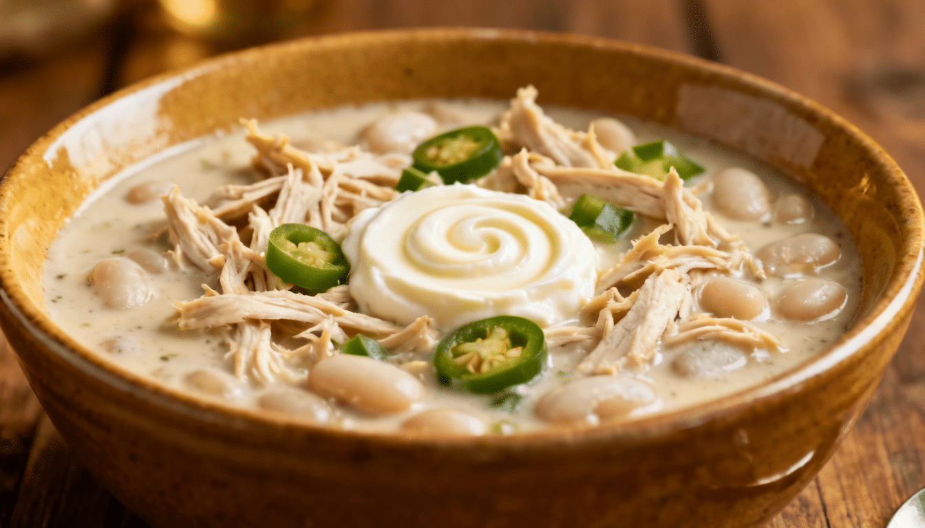 creamy white chicken chili with shredded chicken, white beans, jalapeno slices, and sour cream in a rustic bowl
