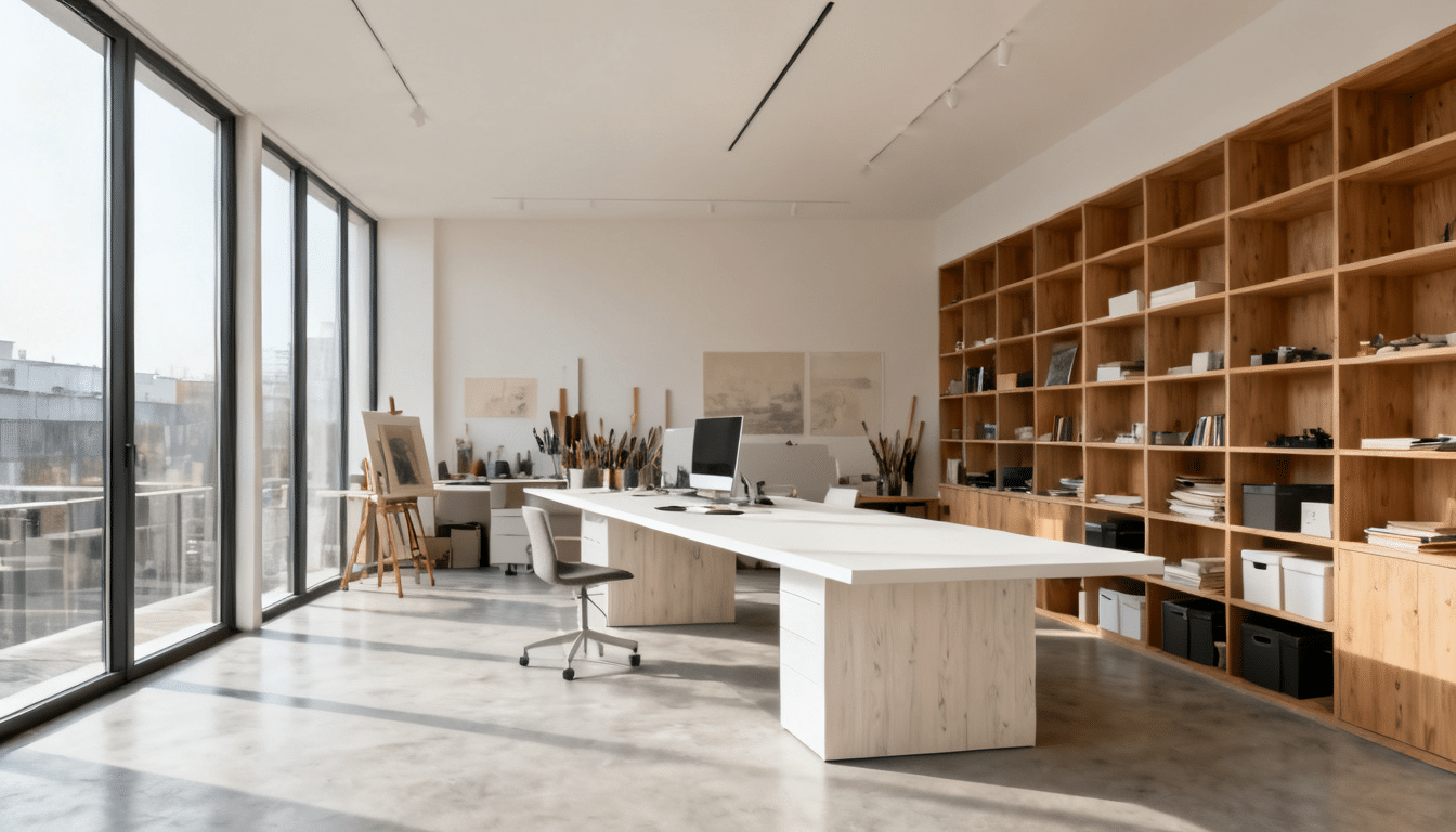 creative studio addition with floor-to-ceiling windows, open workspace, custom shelving, and abundant natural light
