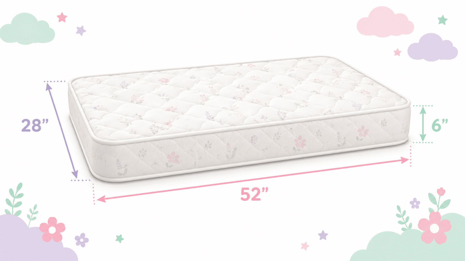crib mattress dimensions infographic showing 52 inches long, 28 inches wide, and 6 inches thick