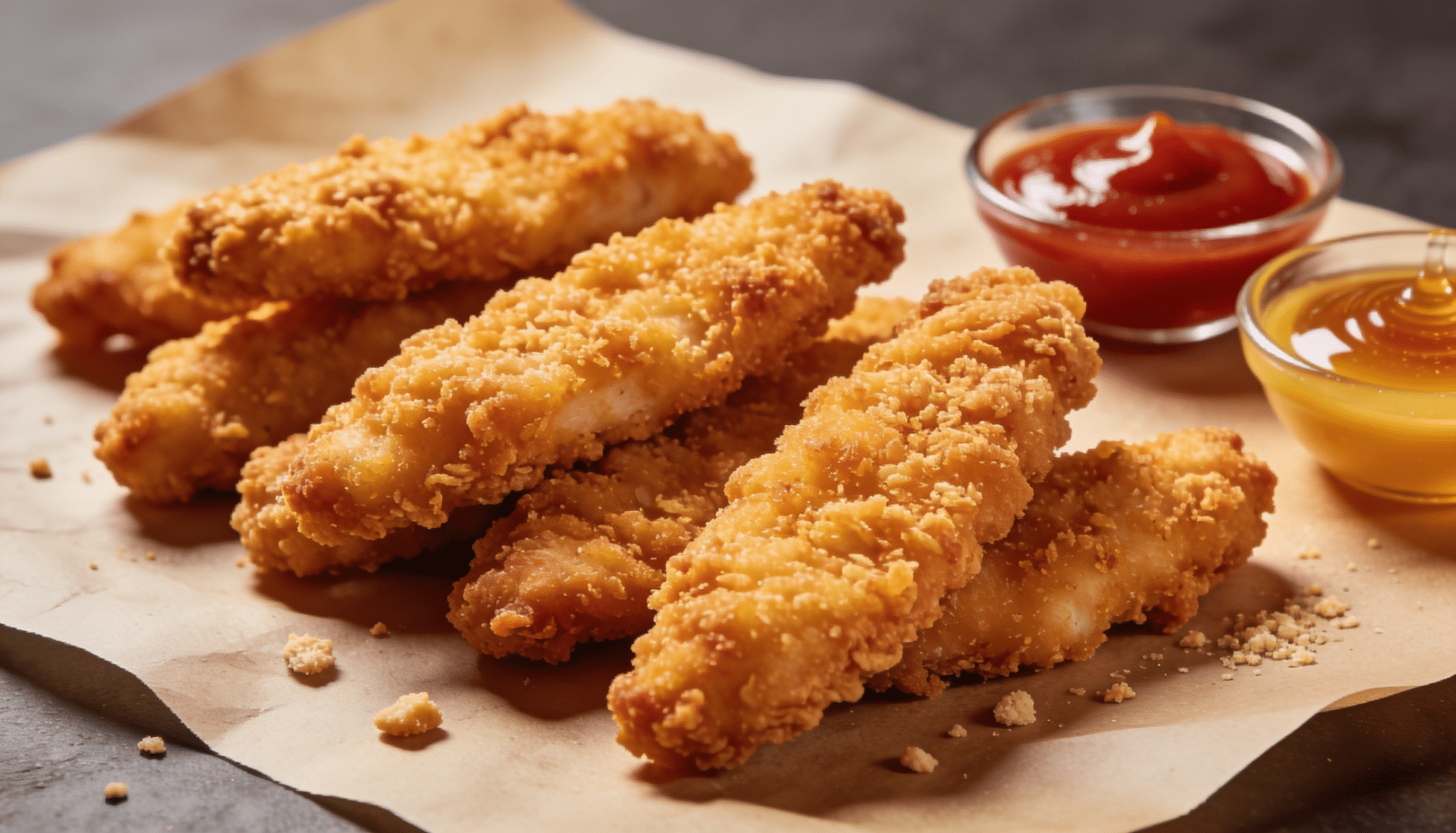crispy breaded chicken tenders served with ketchup and honey mustard dipping sauces on parchment paper