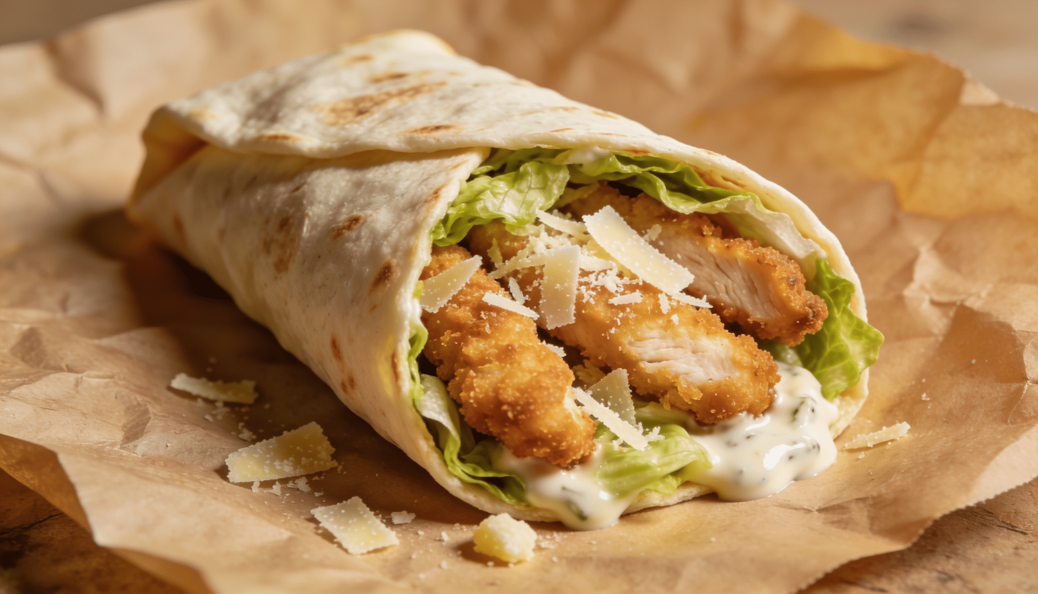 crispy chicken caesar wrap filled with breaded chicken, romaine lettuce, parmesan cheese, and creamy caesar dressing in a toasted tortilla wrap