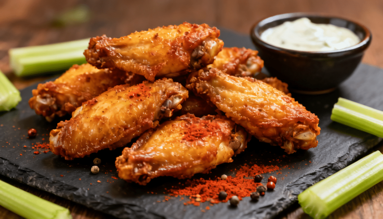 crispy golden-brown chicken wings served on a slate board with dipping sauce, celery sticks, and seasoning garnish on the side