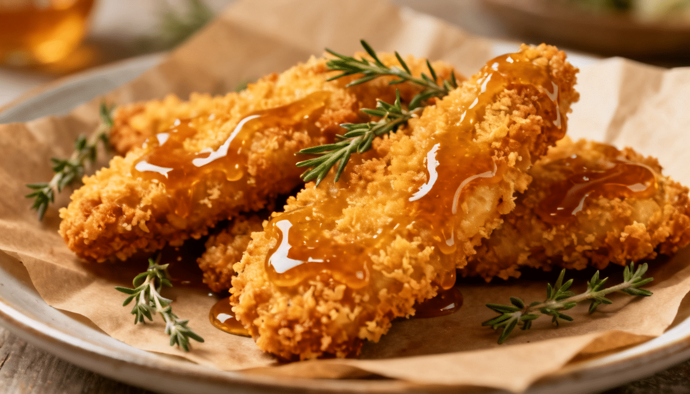 crispy hot honey chicken tenders coated in golden panko breadcrumbs and drizzled with sweet hot honey glaze, served with fresh herbs