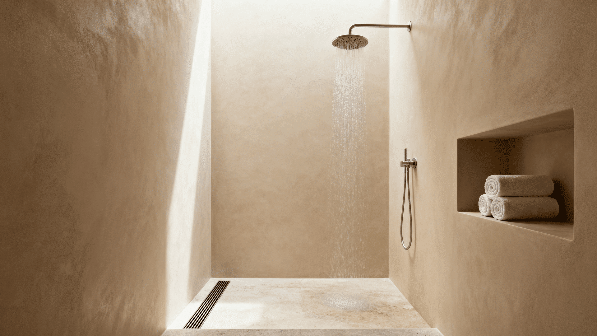 curbless walk-in shower with seamless stone floor and linear drain