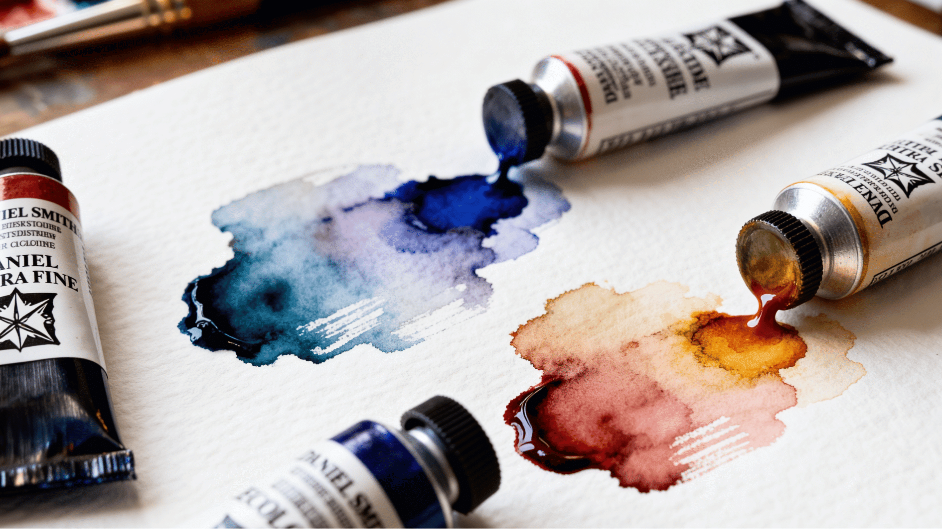 daniel smith extra fine watercolor tubes squeezing rich pigment onto paper with deep granulating color swatches and brushwork