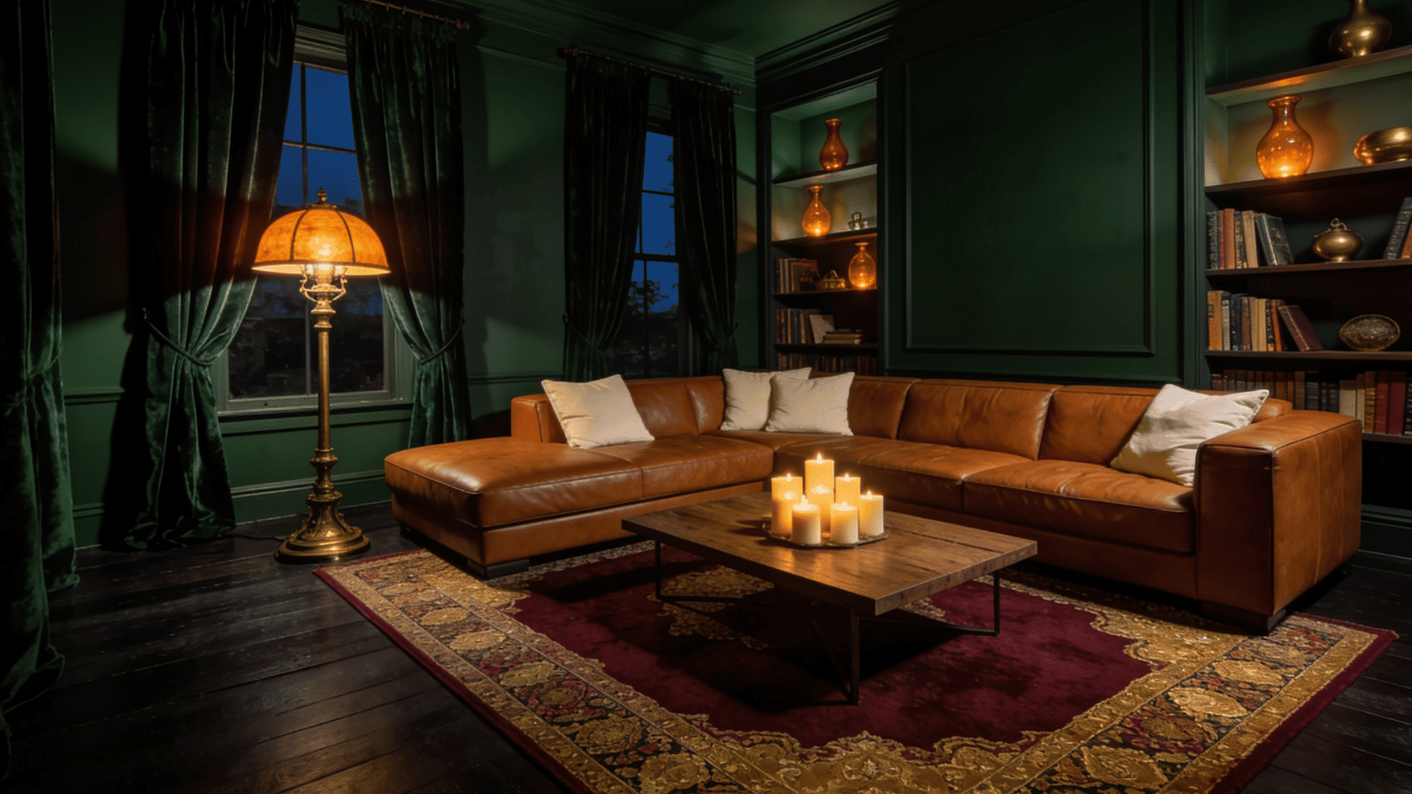 dark moody living room with hunter green walls cognac leather chair brass lamp and warm low lighting