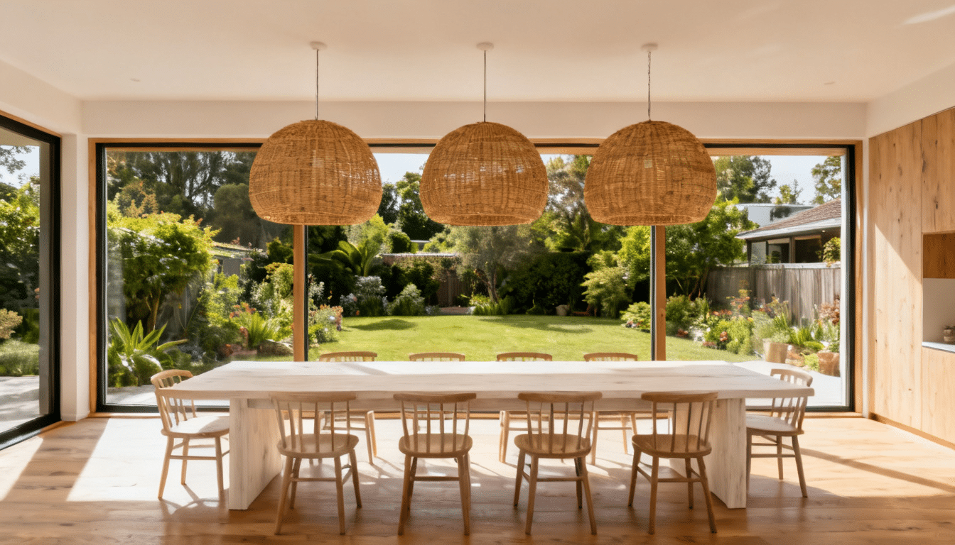 dining room extension with oversized table, woven pendant lights, floor-to-ceiling window, and backyard views