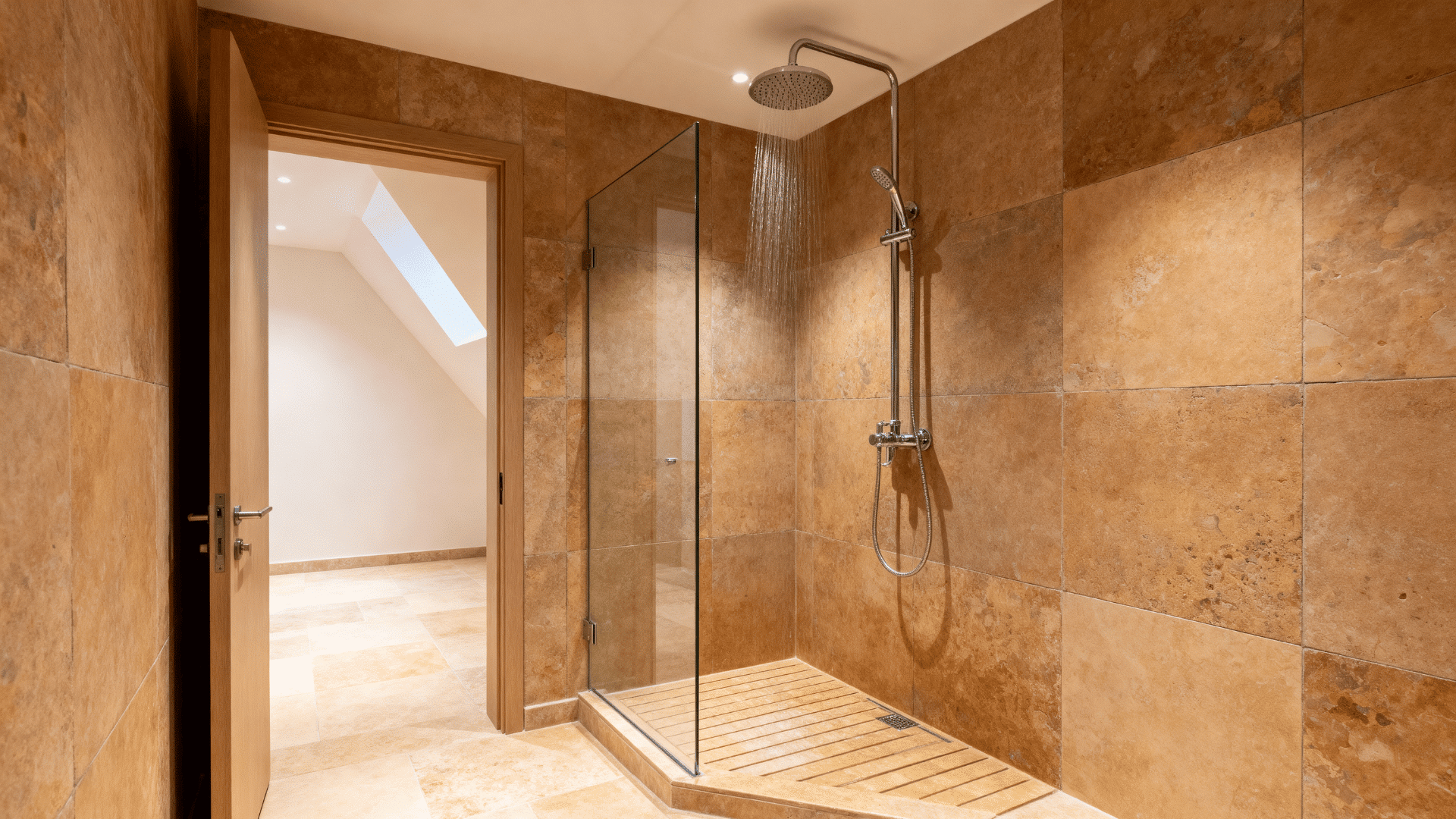 door-free walk-in shower with fixed splash panel and sloped floor