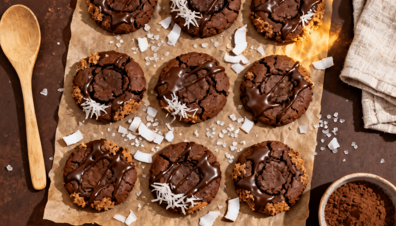 double chocolate coconut flour cookies drizzled with melted chocolate and topped with coconut flakes on parchment paper