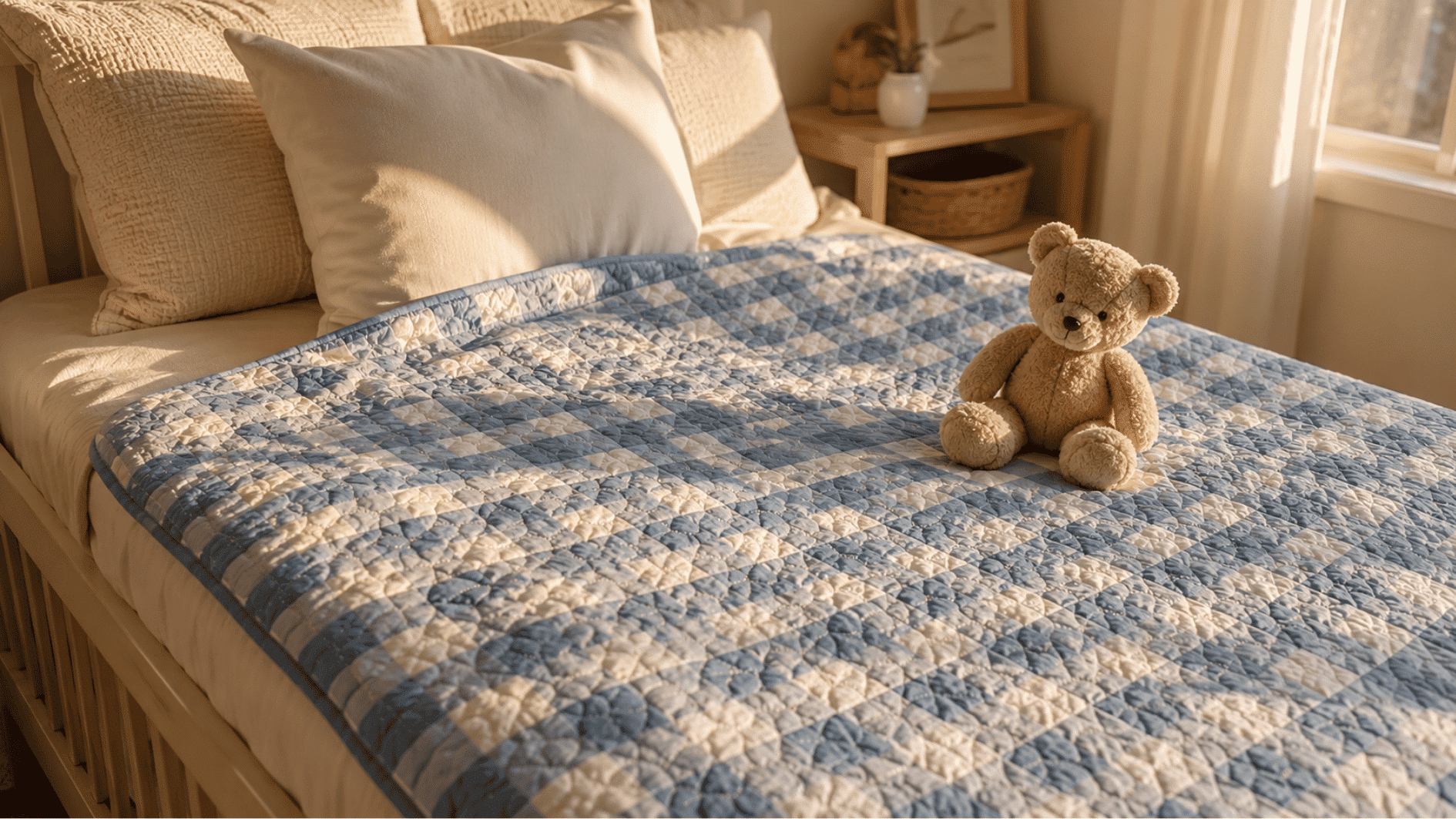 dusty blue gingham baby quilt spread on cream bed with teddy bear in golden light