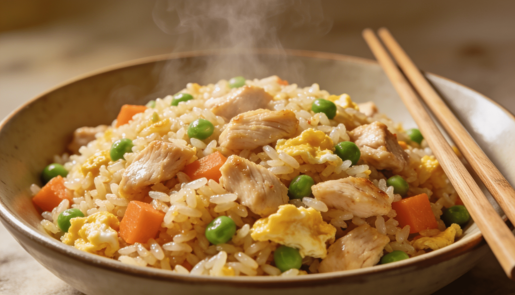easy chicken fried rice with tender chicken, scrambled eggs, peas, carrots, and fluffy rice in a steaming bowl