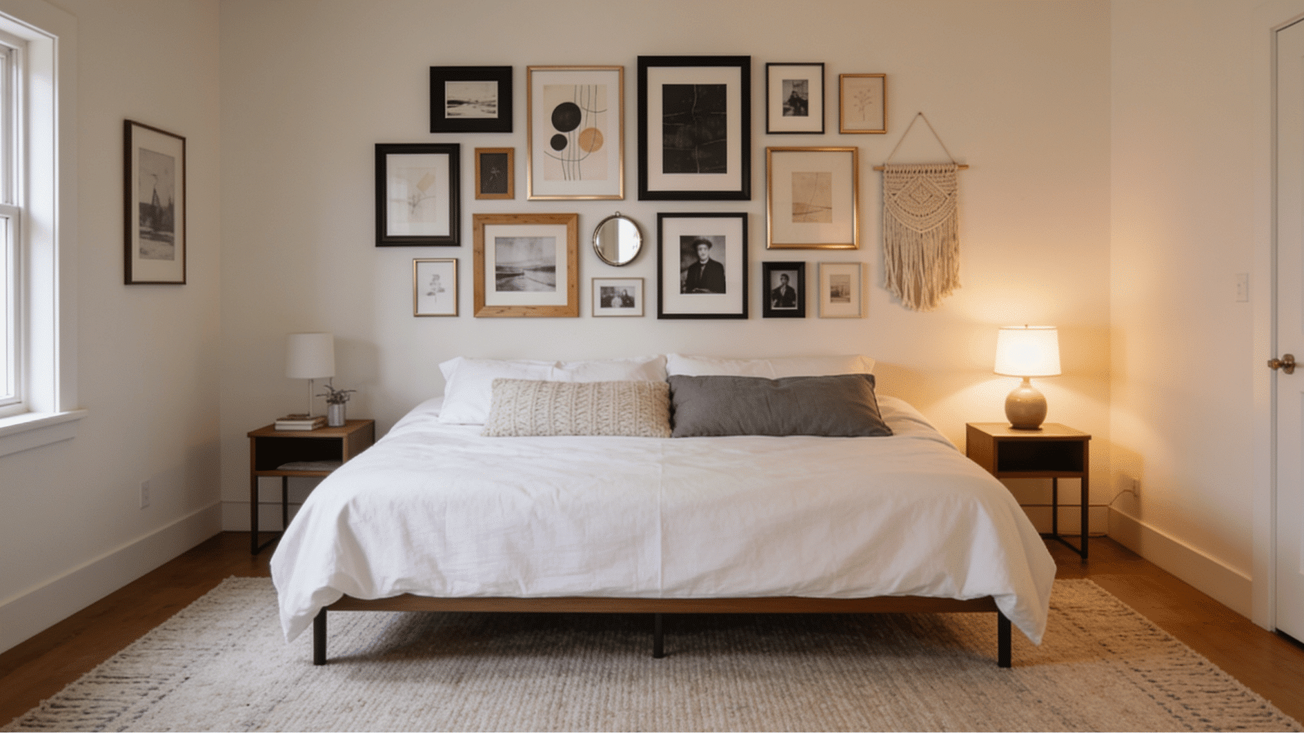 eclectic gallery wall above headboard-free bed in master bedroom with mixed frames prints and wall hanging
