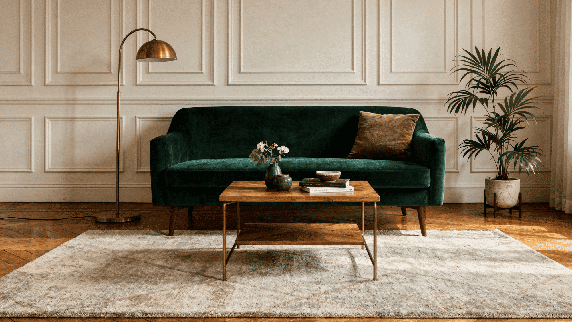 emerald green velvet sofa in a minimal living room with brass lamp ivory walls and warm wood floors