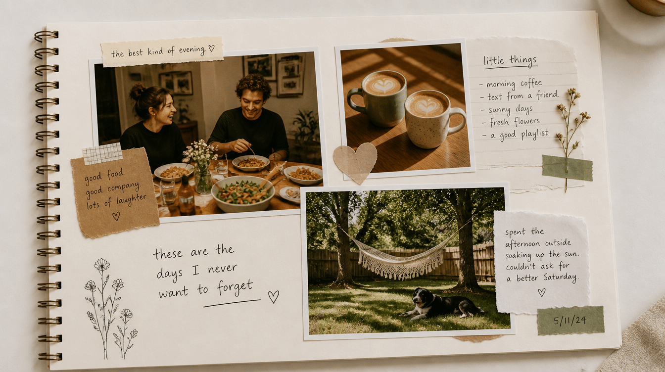 everyday moments scrapbook page with photos, handwritten memories, cozy moments, and simple notes celebrating daily life experiences