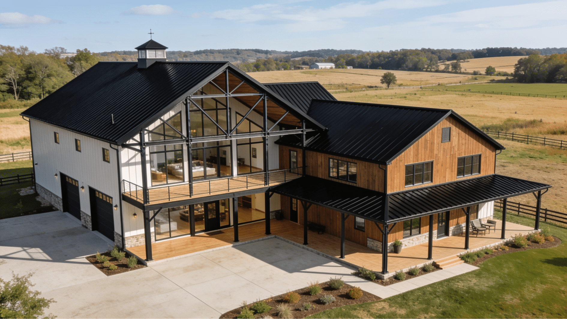 expandable barndominium with connected wings covered porch and landscaped rural property