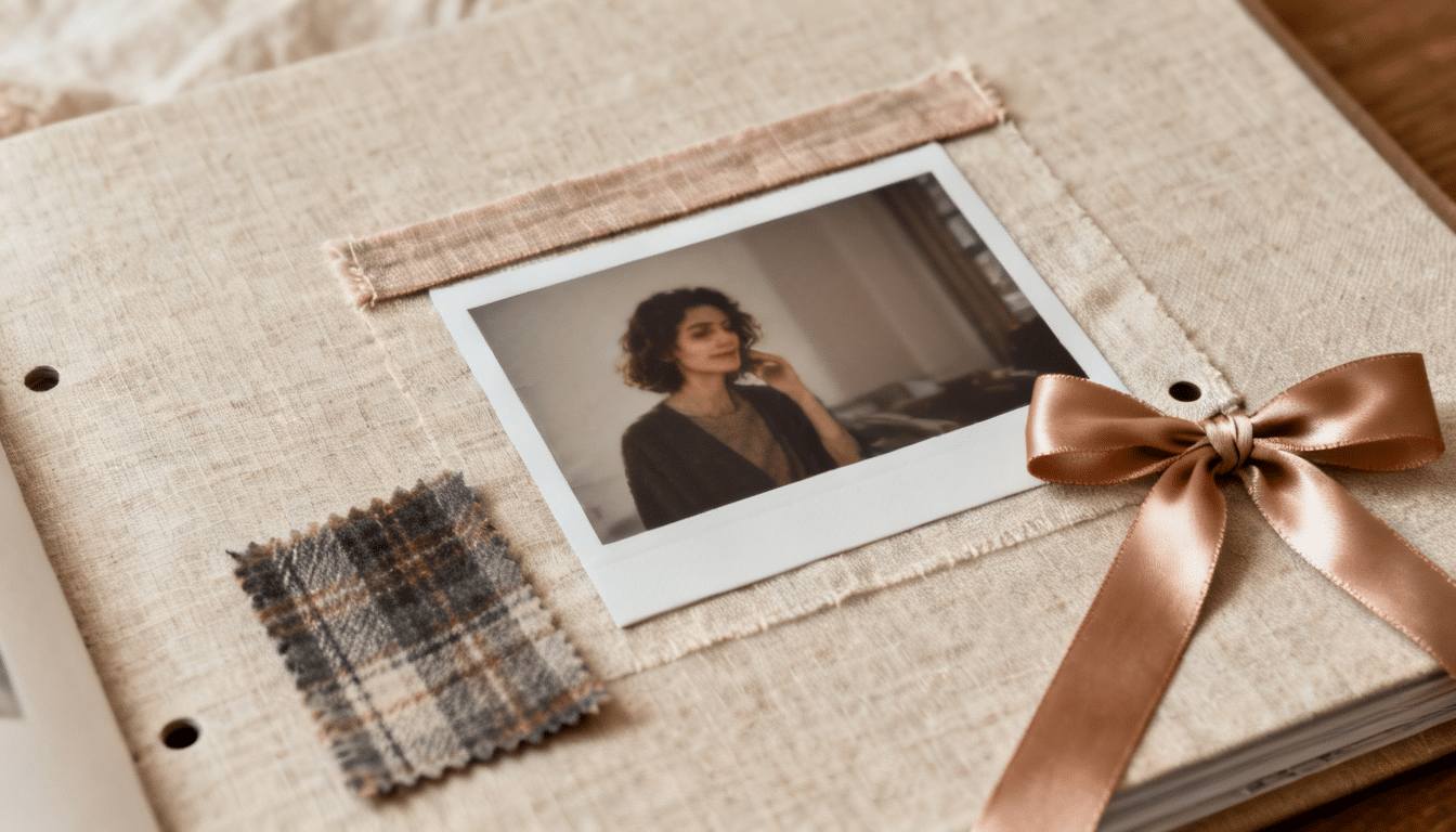 fabric scrapbook layout featuring a polaroid-style photo, linen photo pocket, satin ribbon bow, and textile swatches on a handmade album page background