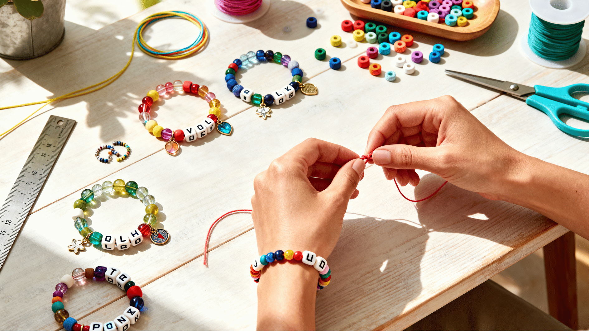 feature image of hands making colorful beaded bracelets on a wooden table with beads, cord, tools warm light
