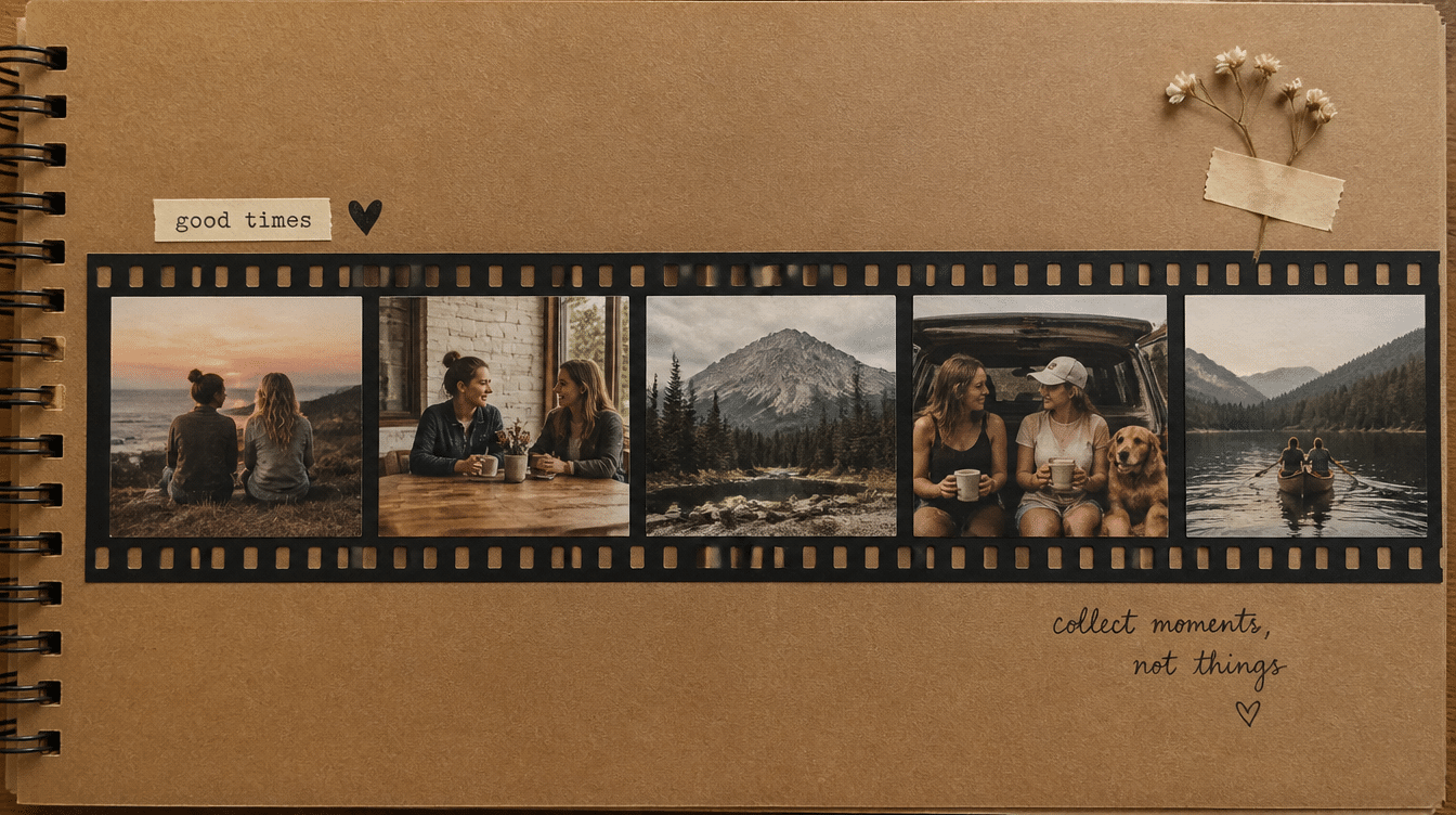 filmstrip scrapbook layout featuring travel memories, friendship moments, scenic views, and candid photos arranged across a kraft paper album page