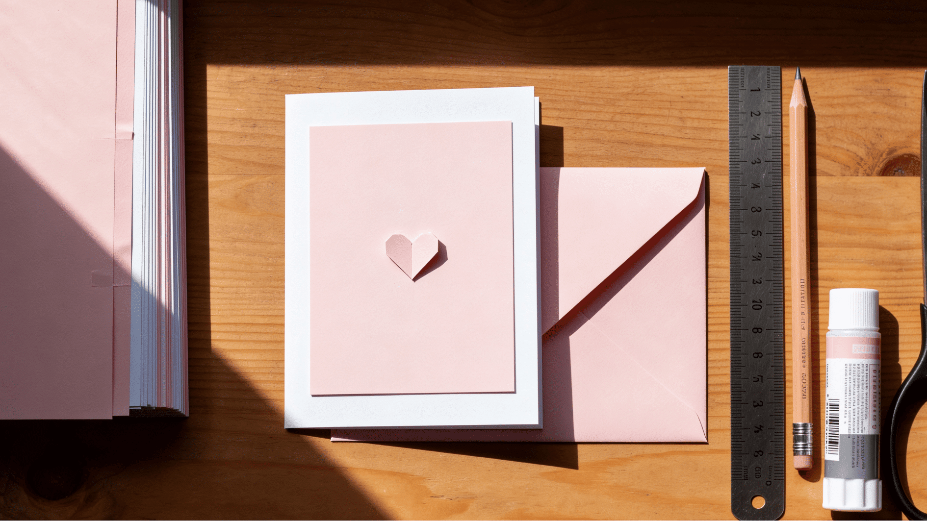 finished simple greeting card with pink paper layer and small heart, placed beside ruler, pencil, glue, scissors, envelope