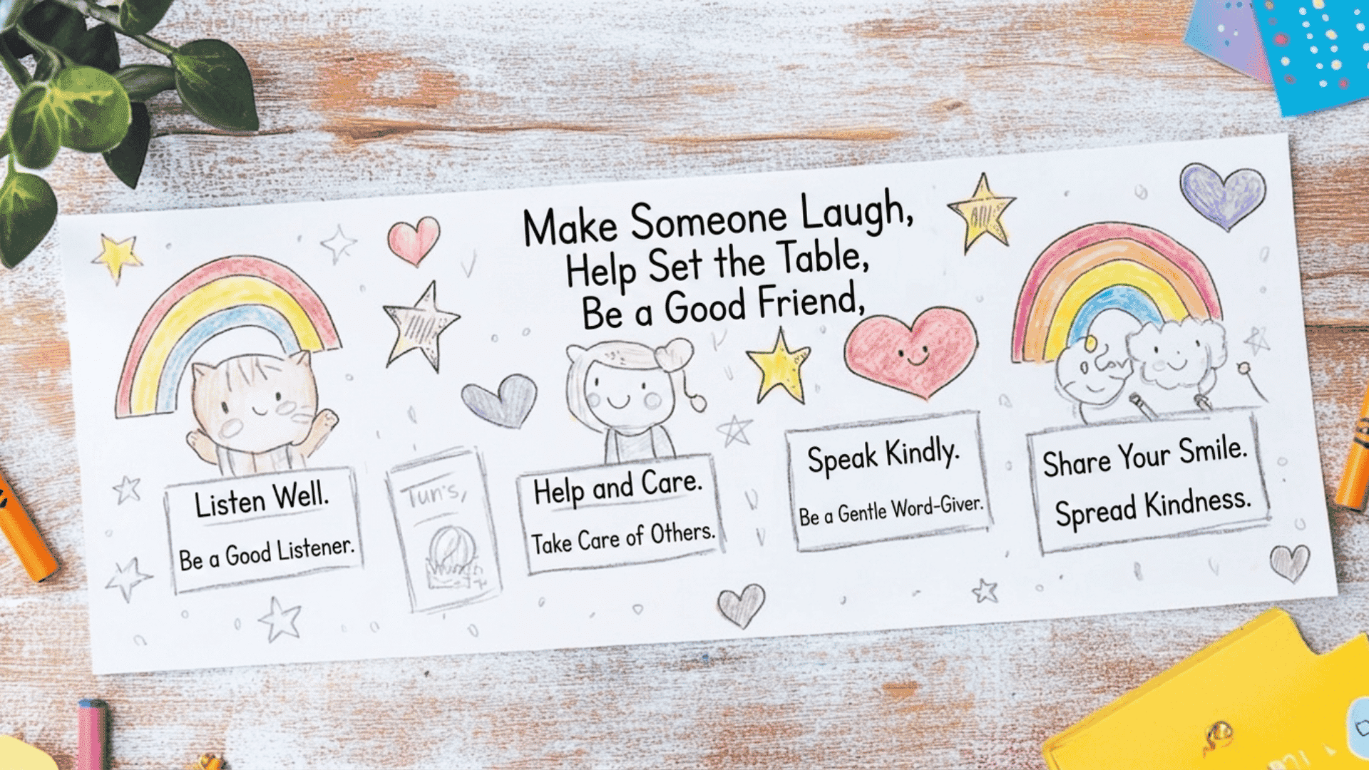 five kindness bookmarks with kindness, meaningful text laid side by side on a dark wooden table