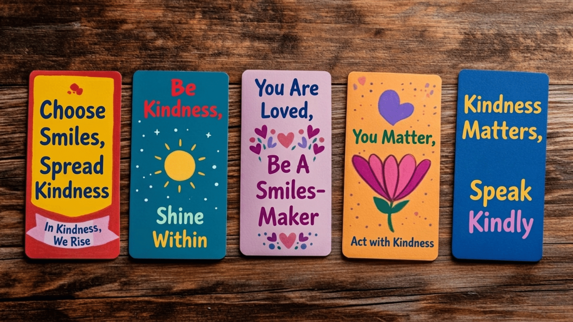 five kindness bookmarks with kindness, meaningful text laid side by side on a dark wooden table