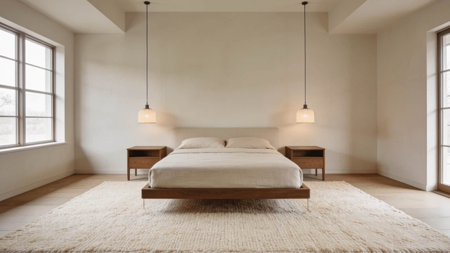 floating king bed centered in spacious master bedroom with pendant lights and cream area rug