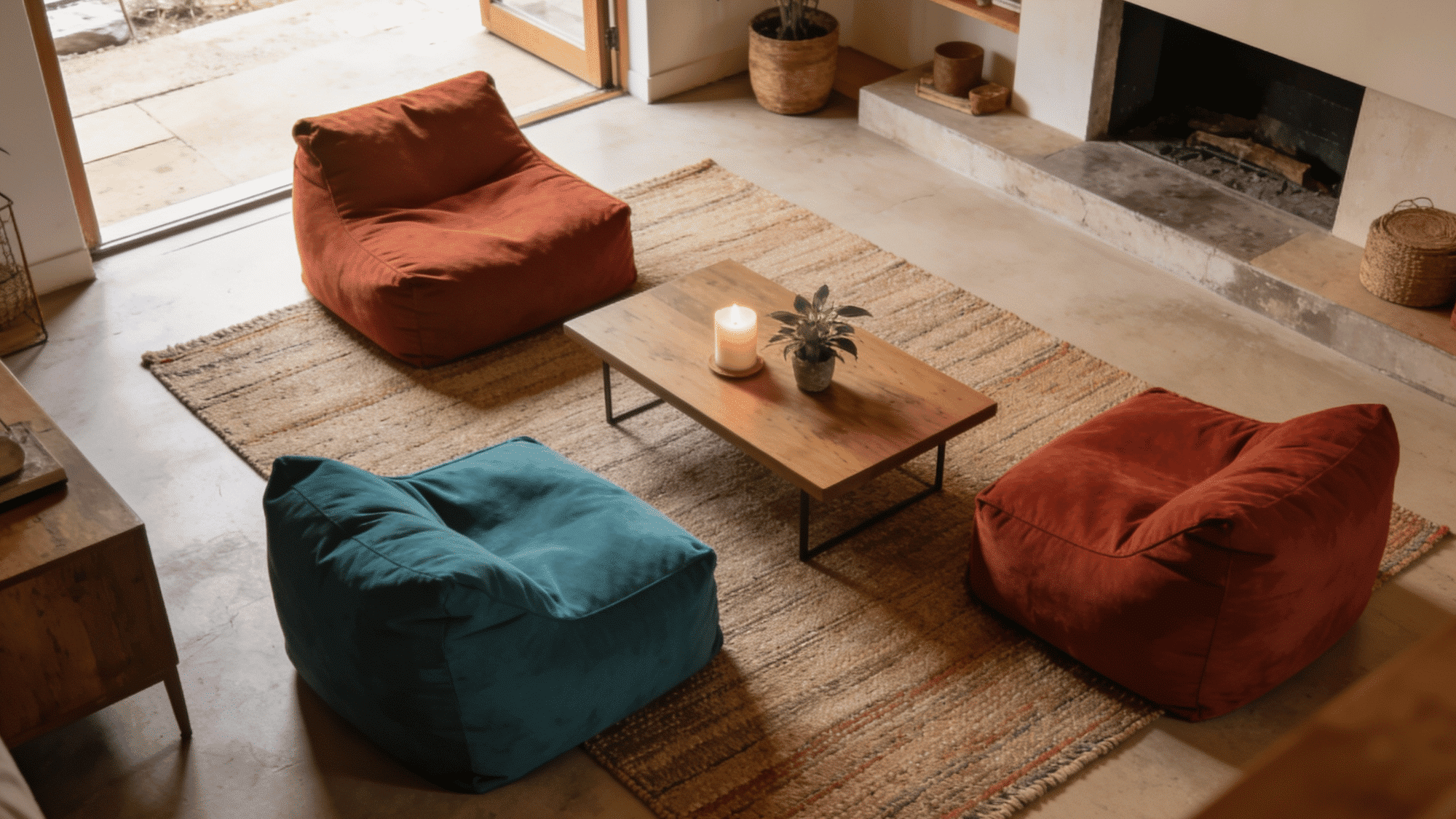 floor seating living room with oversized cushions in rust and teal low coffee table and flat woven rug