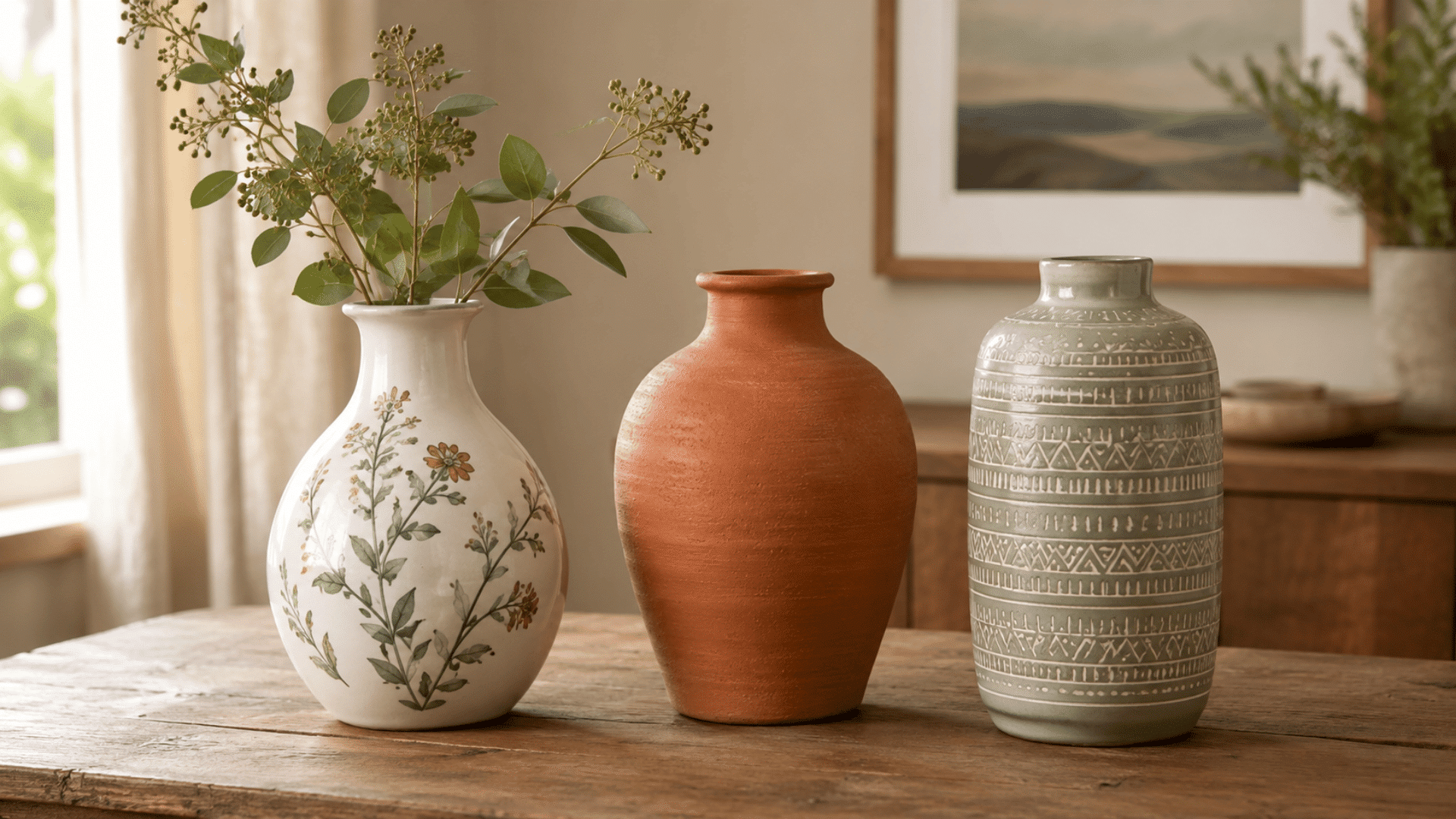 floral ceramic dried clay and ceramic vases kept on a brown wooden table with visible bright sunlight coming from window blurred background in an indoor setting