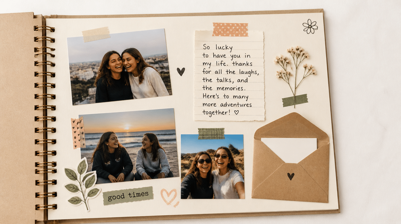 friendship scrapbook page with photos, handwritten note, dried flowers, keepsake envelope, and decorative accents on cream background page surface