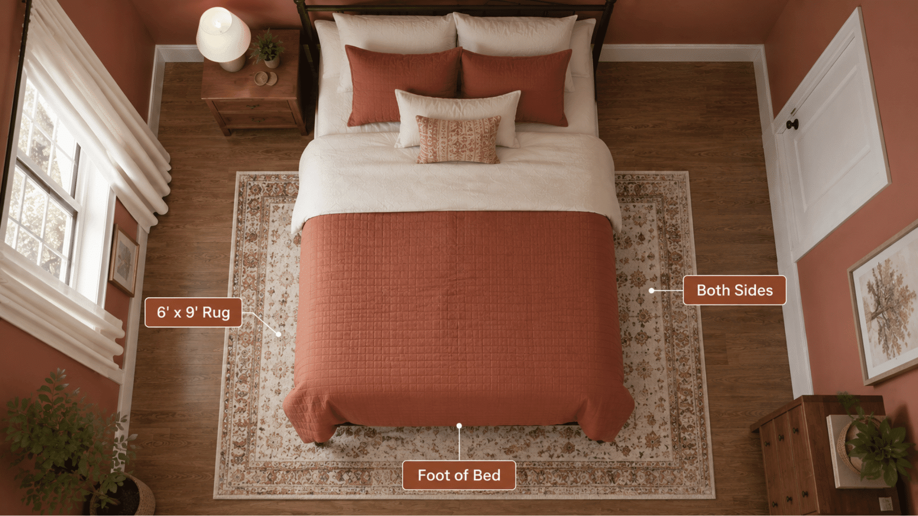 full bed with a 6x9 rug extending beyond both sides of the bed.