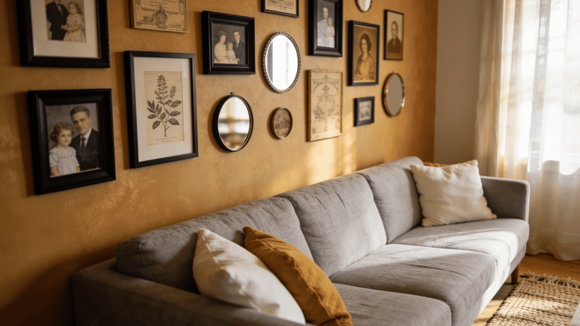 gallery wall with black frames family photos vintage prints and small mirrors above a linen sofa